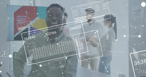 Seated data analyst reacting to tablet tap while panels animating over desk Stock Footage 318046976