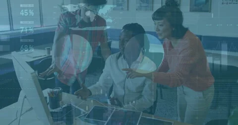 Seated designer clicking mouse triggers team pointing layouts and revising Stock Footage 309723267