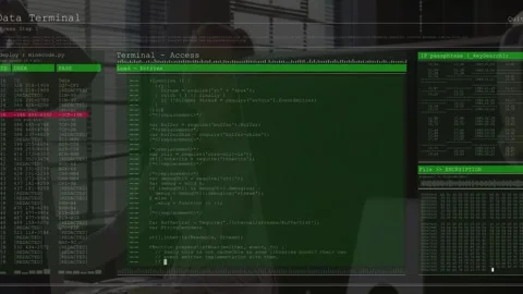 Seated dev on phone moving hand near keys starting green terminal on screen Stock Footage 333210887