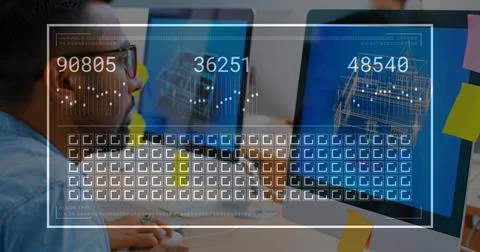 Seated engineer leaning toward screen, checking CAD while HUD appearing, cycling Foto stock