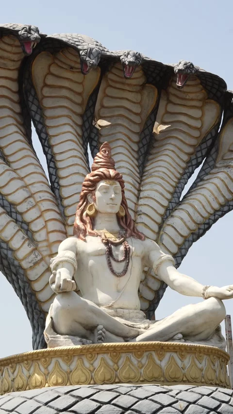 Seated Lord Shiva Statue Protected by Sacred Serpent Canopy, mahakal corrid.. Stock Footage 336884286