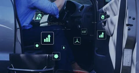 Seated male driver checking dashboard with green data icons inside parked car, Stock Photos