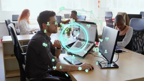 Seated male worker moving mouse triggers tech HUD network highlighting laptop, Stock Footage 330143589