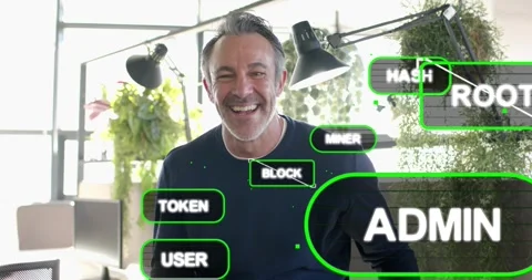 Seated man, alert causing blockchain badges, ADMIN growing, he gesturing showing Stock Footage 334176619