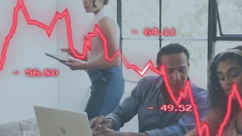 Seated man and team analyzing market data on laptop, red graph fluctuating, Stock Footage 334322325