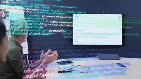 Seated man clapping after tech slide sparking applause, animated code overlay Stock Footage 331236088