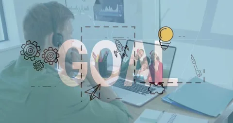 Seated man joining business call, software sketching GOAL overlay and icons Stock Footage 331006064