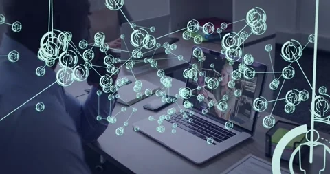 Seated man joining work call and leaning while watching node web growing across Video stock 328265194