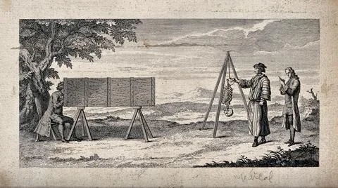 A seated man looking through a camera obscura at half a skeleton suspended .. イラスト素材