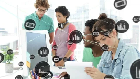 Seated man pointing and using mouse, team working, generating floating tech data Stock Footage 331713244