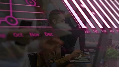 Seated man pointing to doc, team reviewing, magenta bar and pie charts expanding Stock Footage 333078171