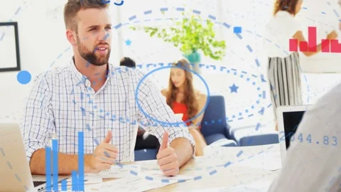 Seated man shifting docs and explaining in office causing animated finance Stock Footage 332704787