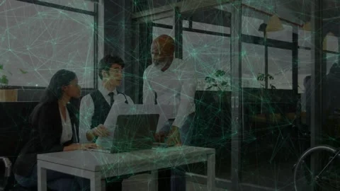Seated man showing brief, urging lead leaning while tech team reviewing laptop Stock Footage 333967946