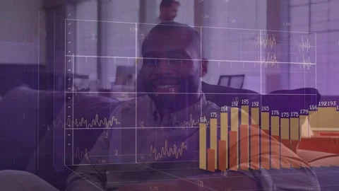 Seated man on sofa watching while 3D grid appearing and building analytics bar Stock Footage 333689128