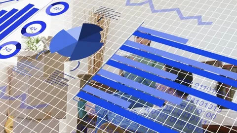 Seated man tapping device and woman leaning in, viewing tech data with blue bars Stock Footage 333526268