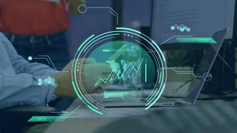 Seated man tapping smartphone causing HUD map and graphs rising, woman passing Stock Footage 334466149