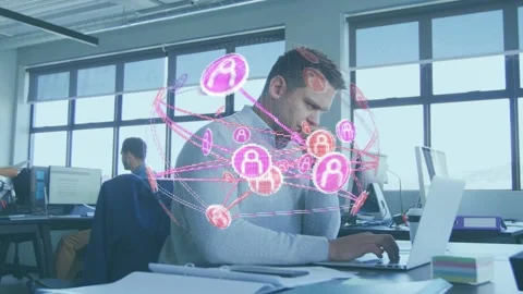 Seated man typing, checking phone in biz, starting pink holo mapping user net Stock Footage 335465715