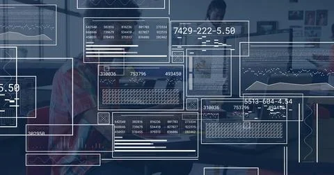 Seated man typing in class, HUD widgets growing then stacking over laptop Stock Photos