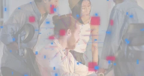 Seated man typing commands launching software interface overlay covering Stock Footage 318173260
