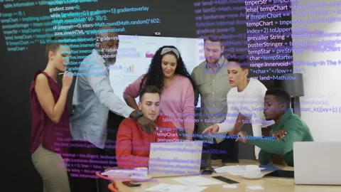 Seated man typing laptop, team leaning in reviewing code while chart and code Stock Footage 331736073