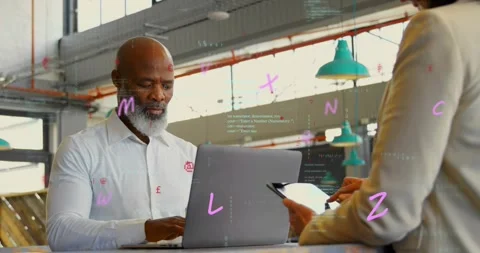 Seated man typing on laptop while woman moving tablet coding, tech overlay Stock Footage 334034111