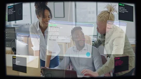 Seated man typing while colleagues pointing at laptop, reviewing software demo Stock Footage 333789776