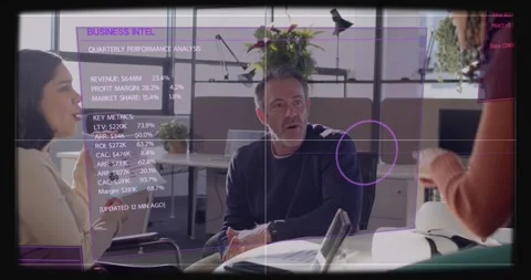 Seated man watching left rep showing report and causing BUSINESS INTEL UI stats Stock Footage 332274496