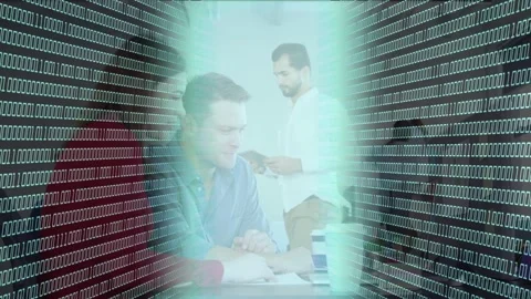 Seated man writing, 0 or 1 tunnel pulsing, peer approaching with tablet for tech Stock Footage 333873507