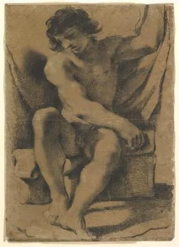 Seated Nude Young Man in Nearly Frontal View ca. 1618 Guercino (Giovanni Fr.. Stock Photos
