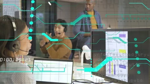 Seated rep tuning mic and starting support call, teal HUD annotating charts 库存影片 333817582