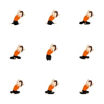 Seated side bend with hands behind a head yoga asanas set Stock Illustration