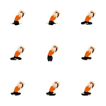 Seated side bend with hands on a head yoga asanas set Stock Illustration