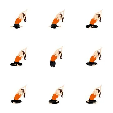 Seated side bend raising both hands yoga asanas set Stock Illustration
