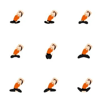 Seated side lean with hands on a head yoga asanas set Stock Illustration