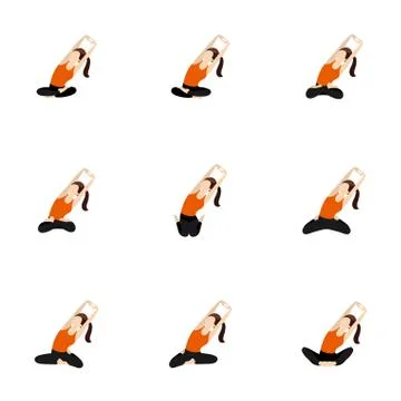 Seated side lean stretching both hands yoga asanas set Stock Illustration