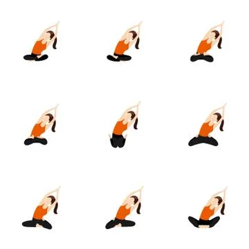 Seated side stretch raising both hands yoga asanas set Stock Illustration