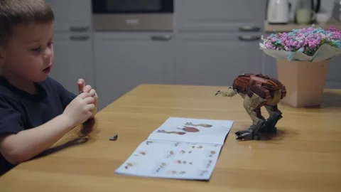 Seated at table boy assembles toy construction set following instructions Stock Footage 268341566