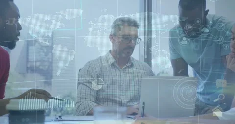 Seated team lead sharing docs, causing HUD overlays highlighting data on laptop Stock Footage 333903196