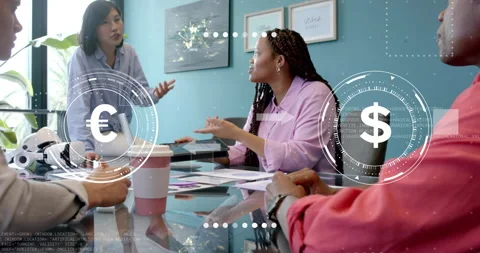 Seated woman explaining currency conversion over table activating animated Stock Footage 316256048