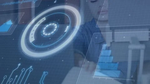 Seated woman reaching, using translucent HUD for data analysis, expanding bar Stock Footage 335282668