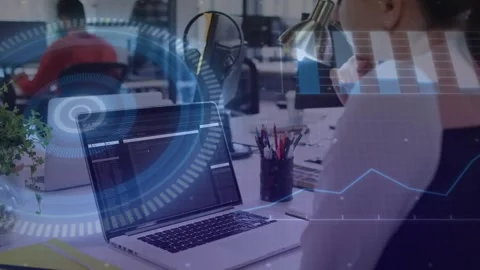 Seated woman reading code on laptop, HUDs appearing with radar bars, line chart Stock Footage 332468982