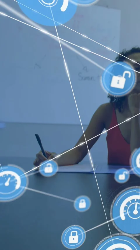 Seated woman taking notes tilted light rising causing blue lock-gauge icons Stock Footage 332775991