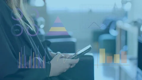 Seated woman tapping device while checking finance charts, donut rings, pyramid Stock Footage 335317384