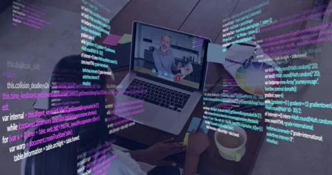 Seated woman tapping phone, using laptop, sending code overlays covering screen Stock Footage 333901082