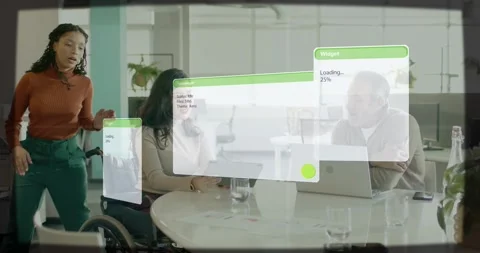 Seated woman tapping tablet causing business UI loading 24% peer pointing man Stock Footage 334176077