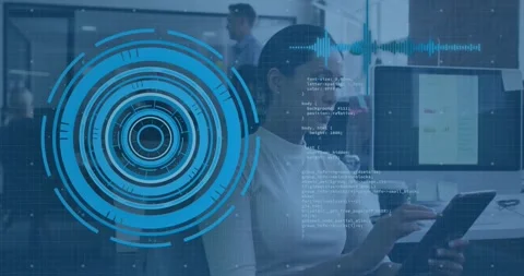 Seated woman tapping tablet in tech office causing static HUD and scrolling code Stock Footage 320585391