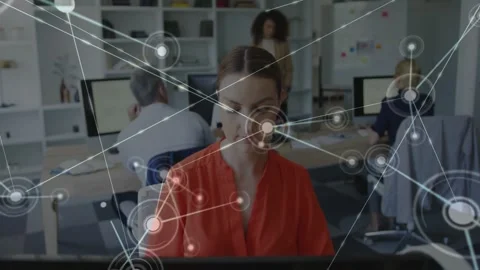 Seated woman typing node appearing over face branching to network filling view 스톡 동영상 330143112