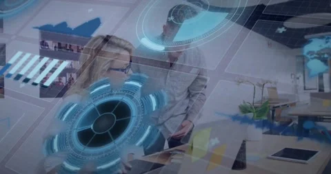 Seated woman typing while leaning man showing sample, sparking HUD overlays for Stock Footage 334115407