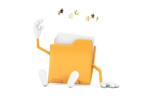 Seated Yellow File Folder Icon Cartoon Person Character Mascot with Stars A.. 스톡 일러스트