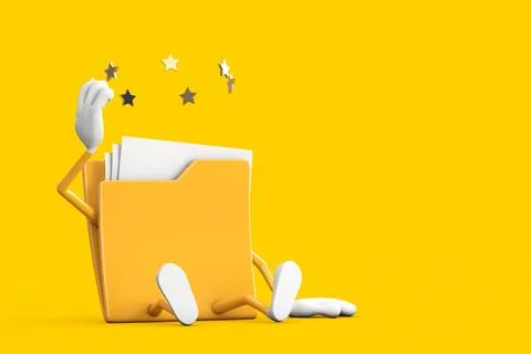 Seated Yellow File Folder Icon Cartoon Person Character Mascot with Stars A.. Stock-Illustration